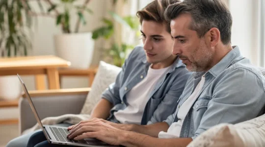 Couple trentenaire concentré sur simulation crédit immobilier depuis leur salon lumineux