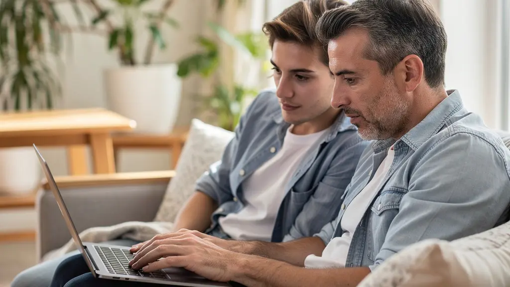 Couple trentenaire concentré sur simulation crédit immobilier depuis leur salon lumineux