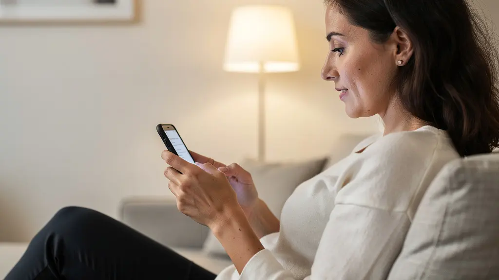 Femme trentenaire consultant simulation prêt immobilier sur smartphone depuis son canapé