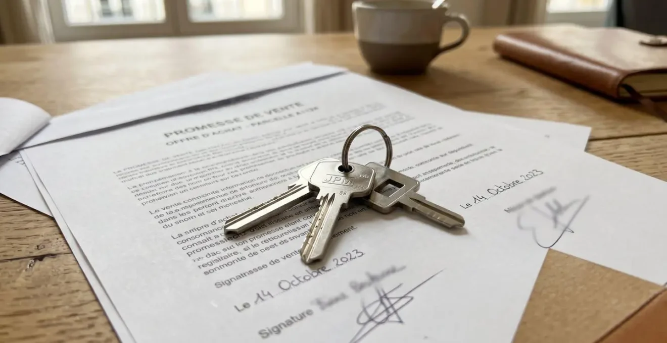 Gros plan sur un trousseau de clés modernes posé sur un document immobilier flouté, surface en bois clair contemporain, lumière naturelle latérale créant un bokeh doux