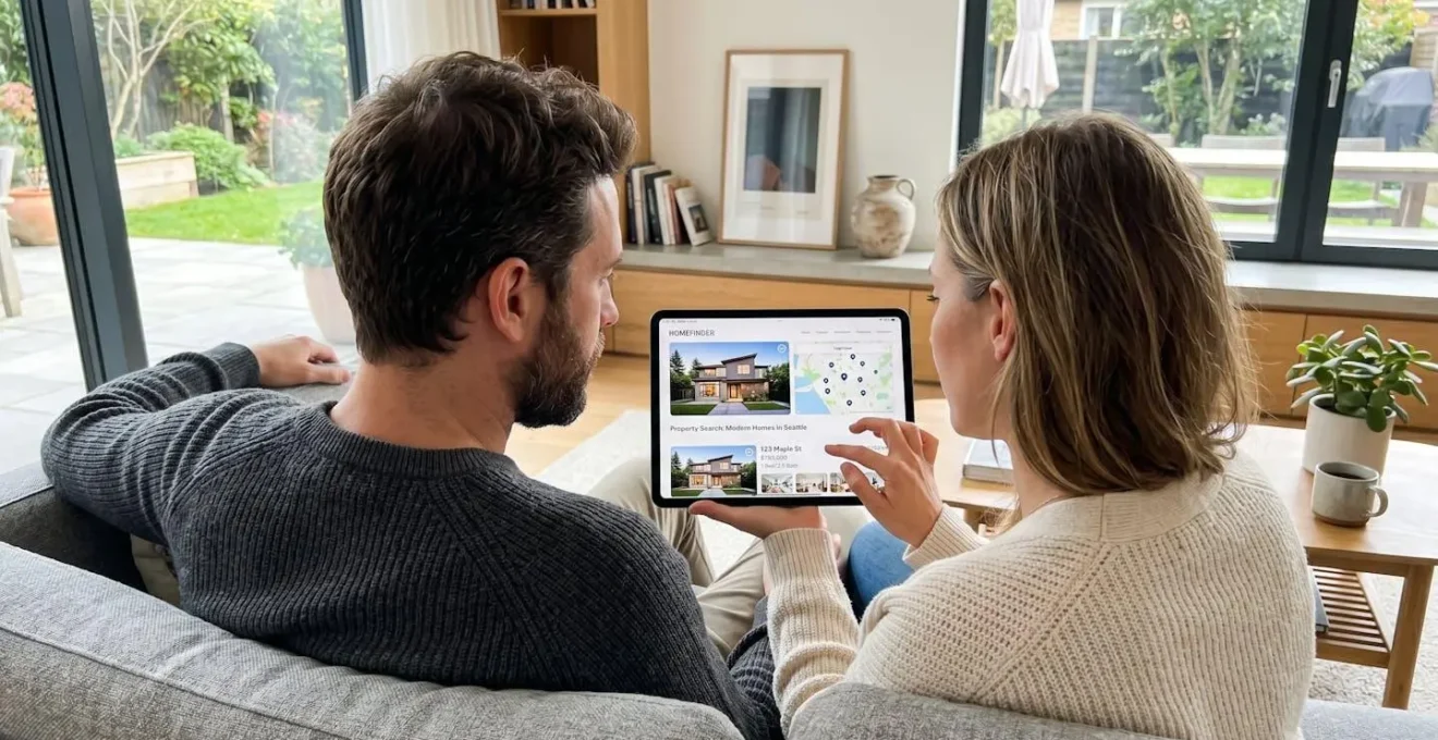 Couple vu de dos consultant ensemble une tablette numérique dans un salon contemporain baigné de lumière naturelle, écran flouté