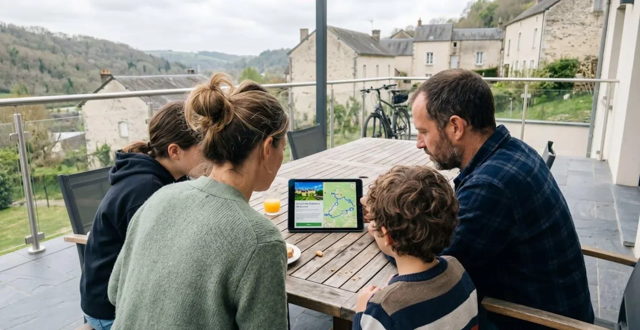 Famille vue de dos consultant ensemble une tablette numérique sur une terrasse moderne en journée, ambiance vacances décontractée