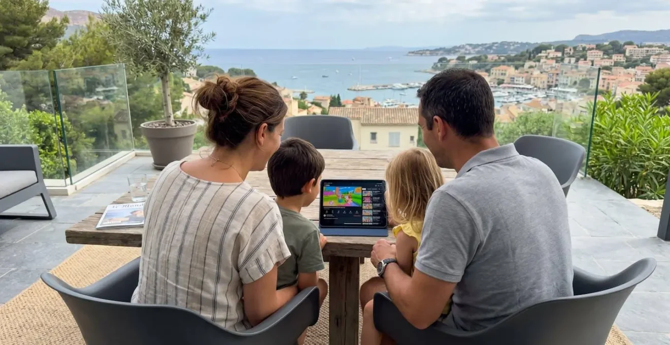 Famille vue de dos consultant ensemble une tablette numérique sur une terrasse moderne en journée, ambiance vacances décontractée
