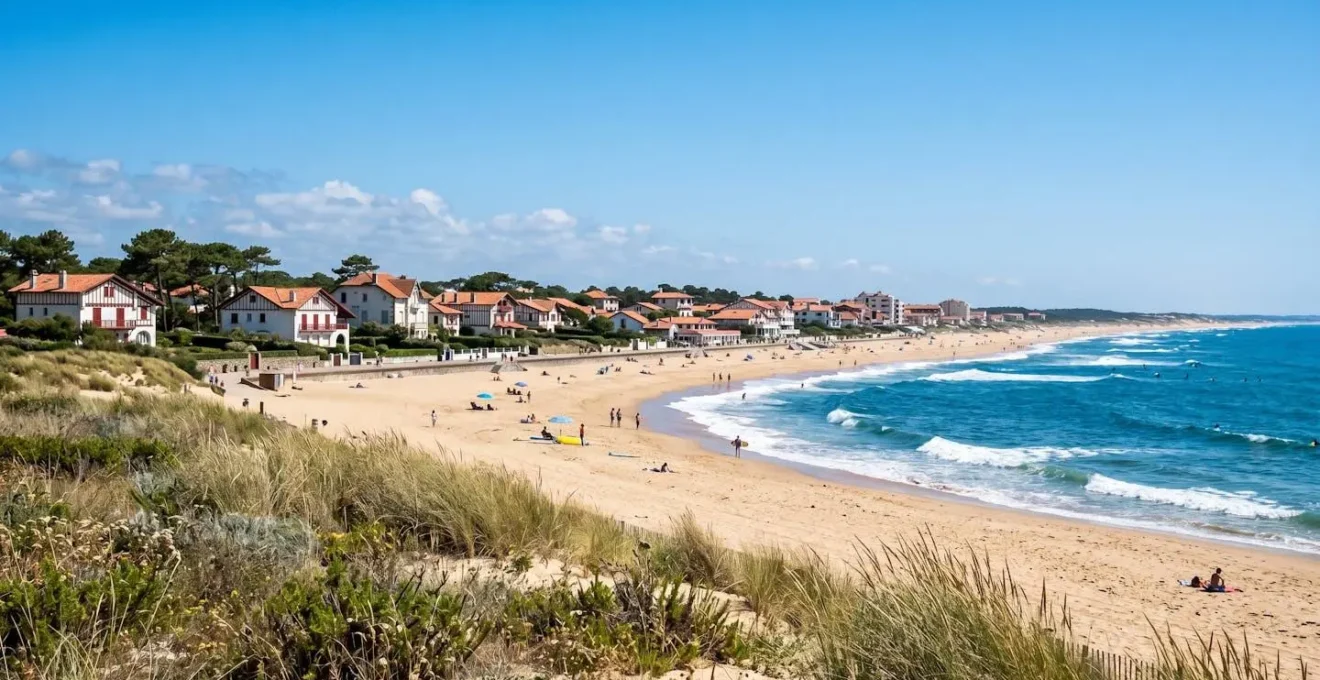 Vue ensoleillée de la plage d'Hossegor avec architecture landaise typique en arrière-plan, ciel bleu éclatant et sable doré