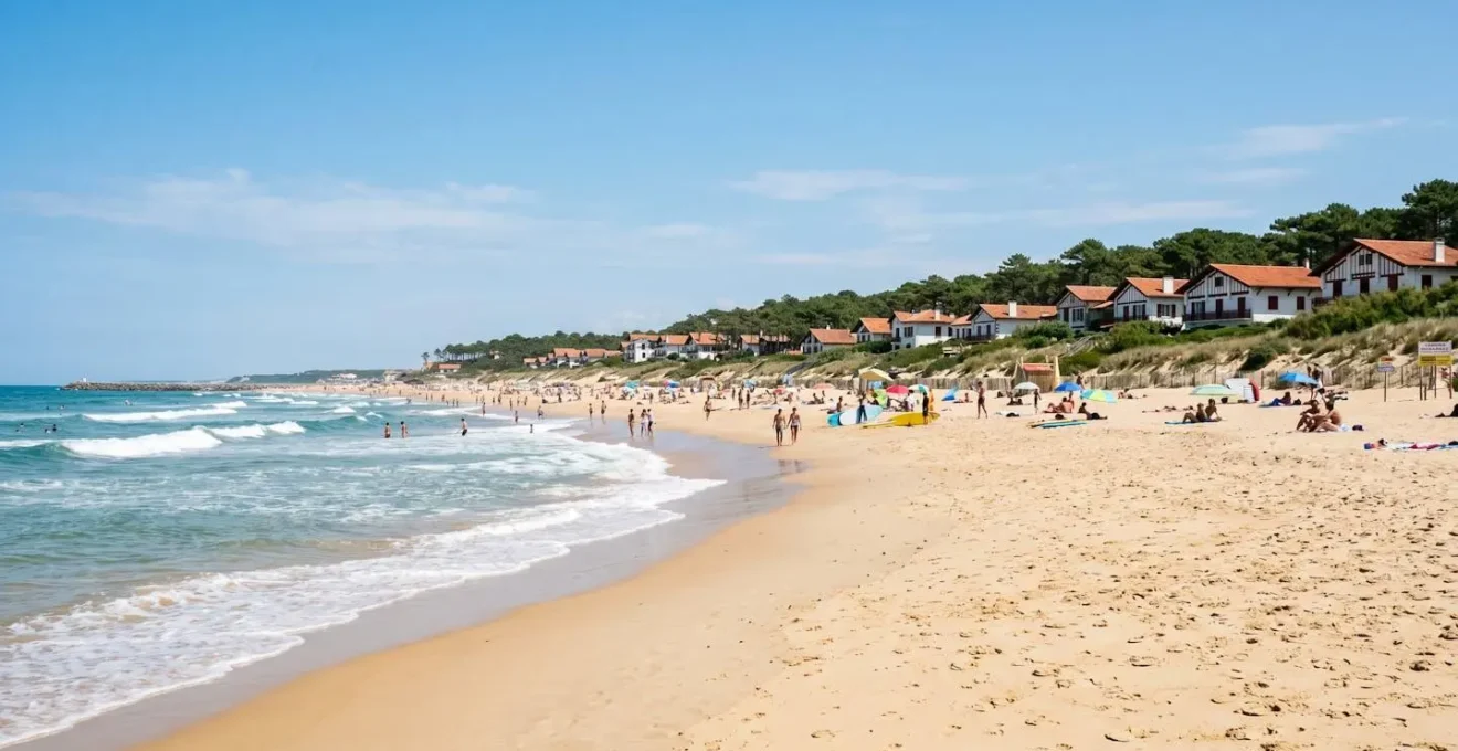 Vue ensoleillée de la plage d'Hossegor avec architecture landaise typique en arrière-plan, ciel bleu éclatant et sable doré