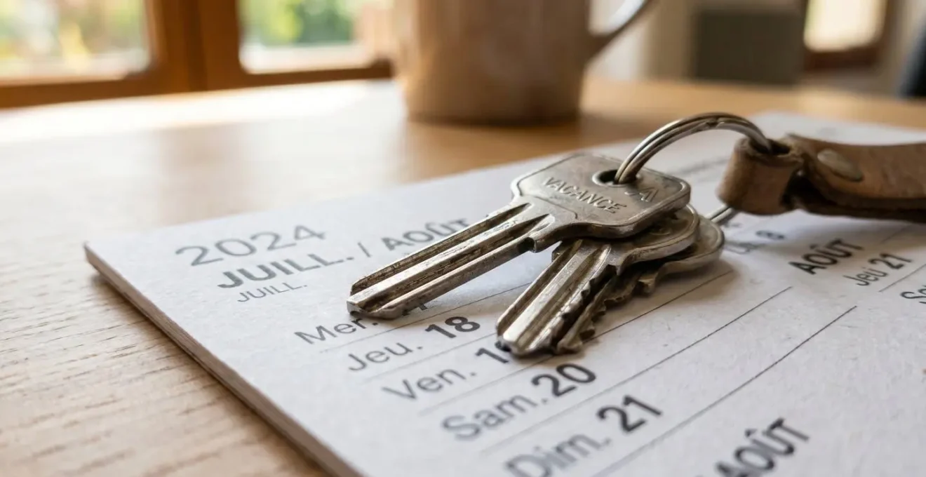 Gros plan sur une page de calendrier marquant les mois d'été avec des clés de maison légèrement floues en arrière-plan sur surface moderne