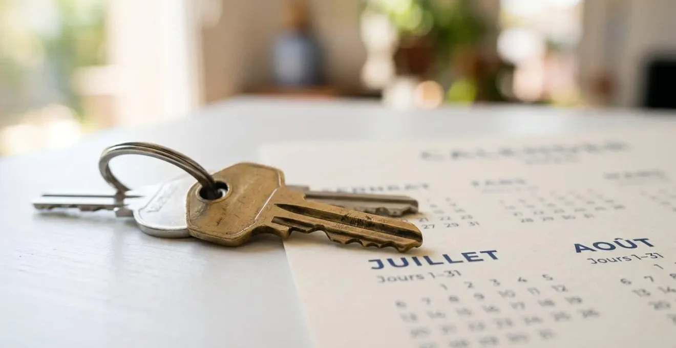 Gros plan sur une page de calendrier marquant les mois d'été avec des clés de maison légèrement floues en arrière-plan sur surface moderne