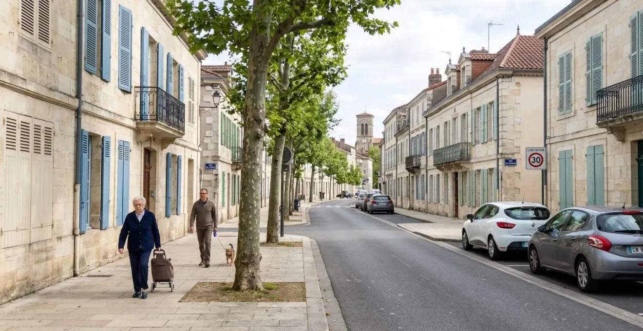 Une rue résidentielle calme bordée de maisons traditionnelles en pierre grise typiques de Brive, avec des volets clairs et un trottoir ombragé par des arbres
