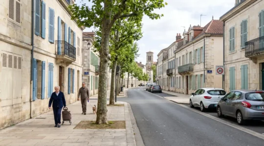 Une rue résidentielle calme bordée de maisons traditionnelles en pierre grise typiques de Brive, avec des volets clairs et un trottoir ombragé par des arbres