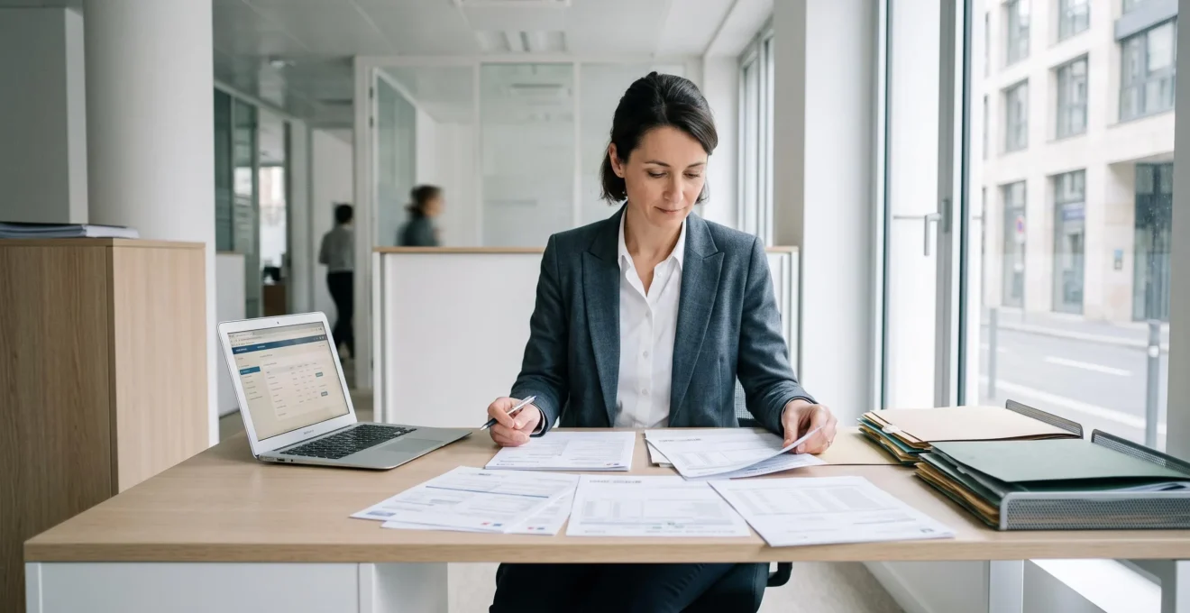Conseiller bancaire dans une agence moderne examinant des documents administratifs de prêt immobilier (avis d'imposition, bulletins de salaire) posés sur son bureau, avec ordinateur portable et dossiers organisés, lumière naturelle, ambiance professionnelle et sereine