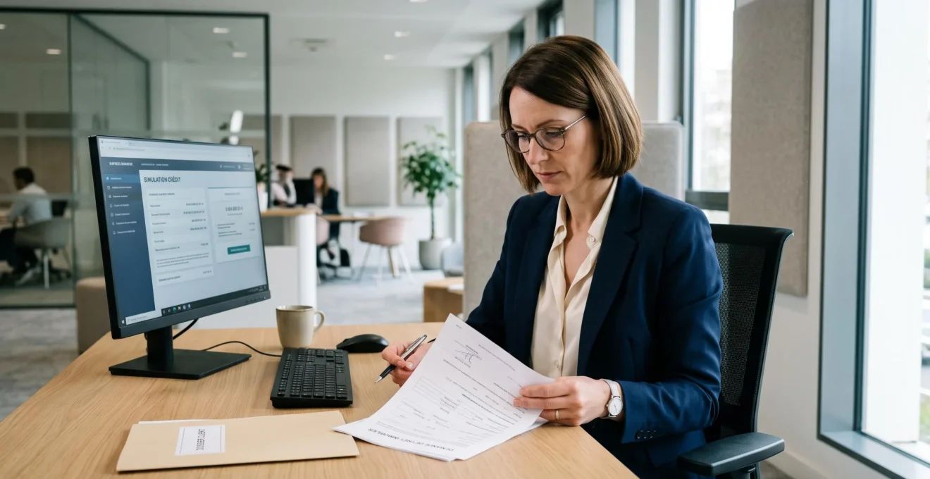 Conseillère bancaire française examinant documents dossier crédit immobilier à son bureau agence avec interface ordinateur générique regard dirigé vers justificatifs analysés