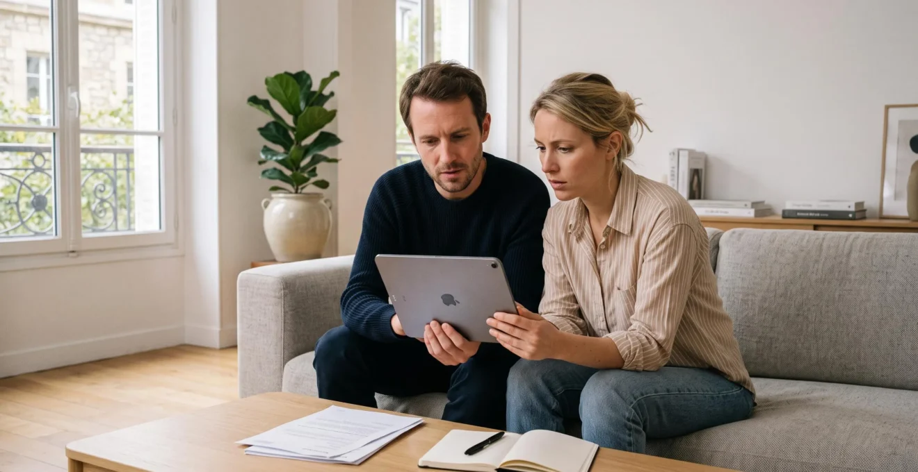 Couple français trentenaires consultant ensemble tablette affichant email banque demande documents complémentaires crédit immobilier expression concentration stress léger salon contemporain