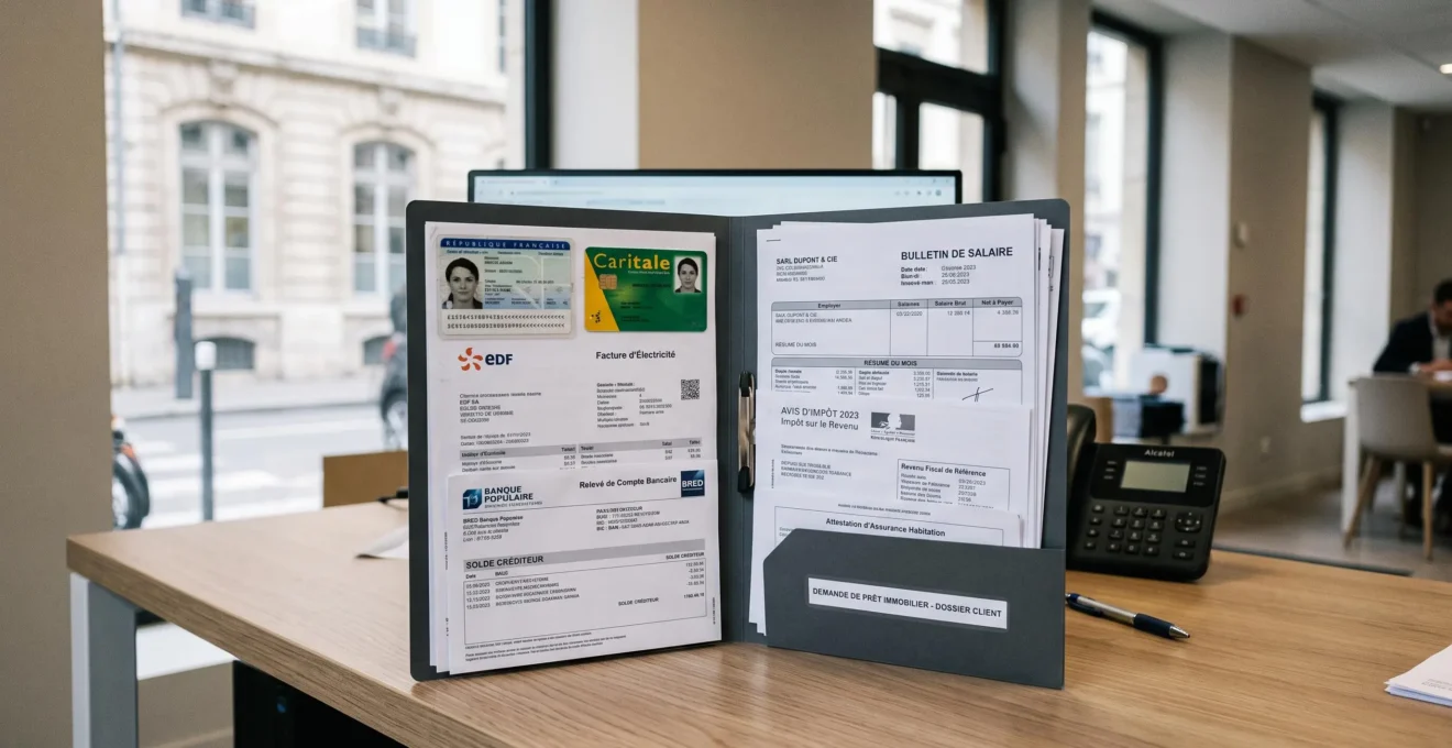 Dossier de crédit immobilier ouvert sur bureau conseiller bancaire avec documents justificatifs français authentiques visibles bulletins salaire avis imposition relevés bancaires pièce identité organisés professionnellement dans agence bancaire contemporaine