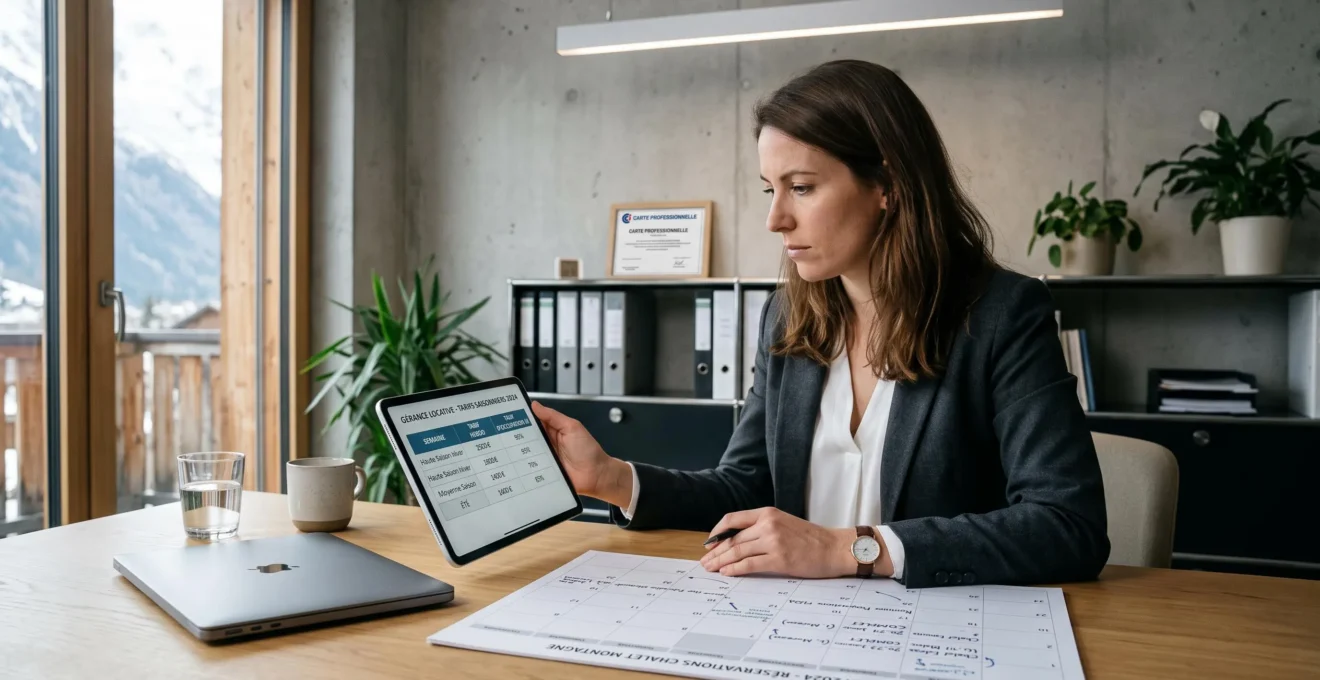 Gestionnaire de location saisonnière analysant sur tablette numérique un tableau de tarifs saisonniers avec calendrier papier annoté sur le bureau