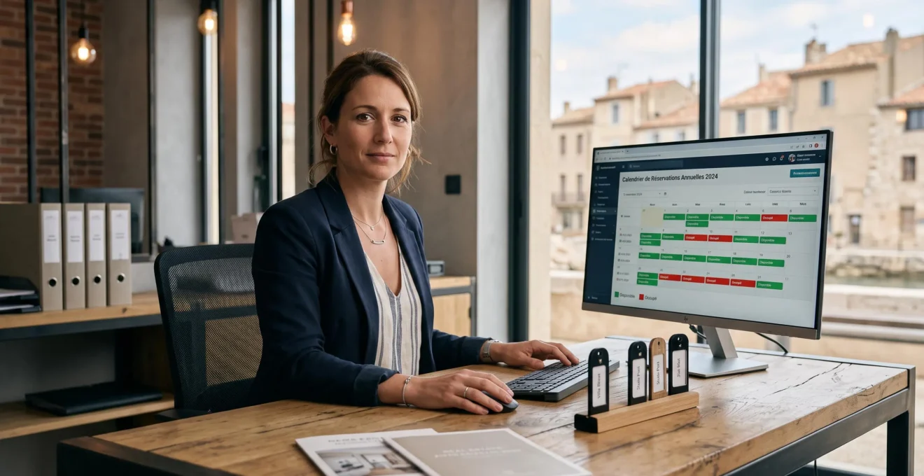 Gestionnaire de location saisonnière consultant un calendrier de réservations annuel sur ordinateur dans un bureau d'agence immobilière moderne