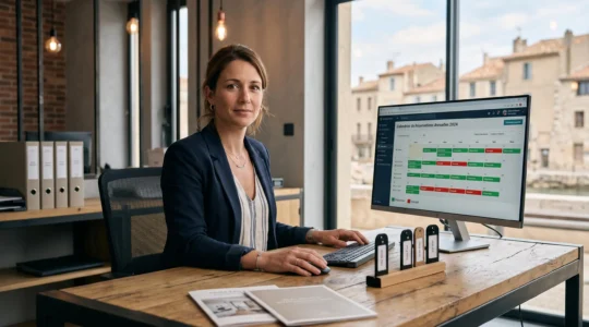Gestionnaire de location saisonnière consultant un calendrier de réservations annuel sur ordinateur dans un bureau d'agence immobilière moderne
