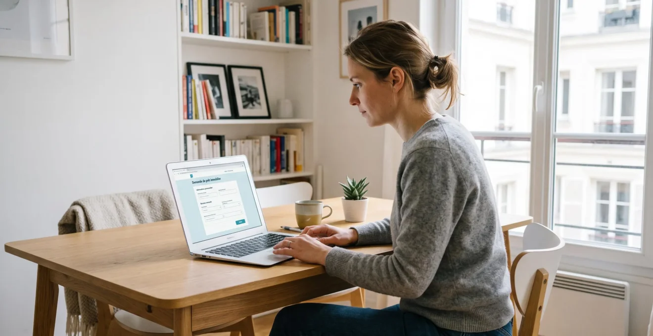 Personne utilisant un ordinateur portable à domicile pour remplir une demande de crédit immobilier en ligne, interface bancaire générique française visible à l'écran, intérieur contemporain lumineux, ambiance détendue et confiante