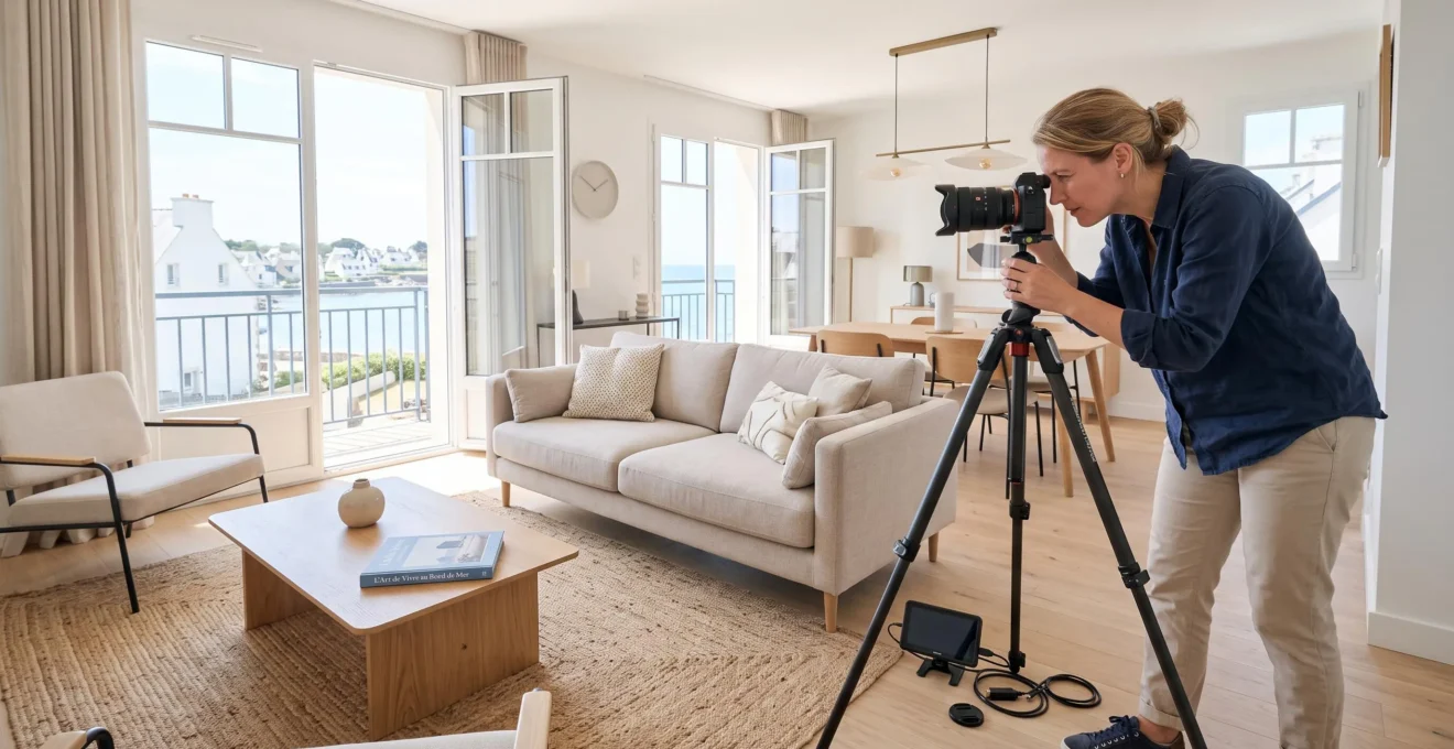 Photographe immobilier professionnel installant son matériel pour photographier le salon lumineux d'un appartement de location saisonnière moderne