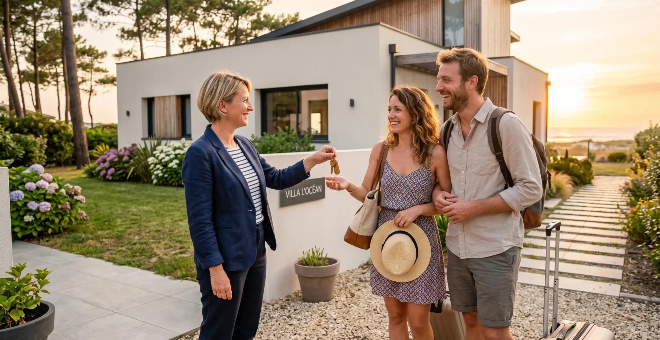 Responsable de conciergerie locative remettant les clés à un couple de vacanciers devant l'entrée d'une résidence de location saisonnière en bord de mer