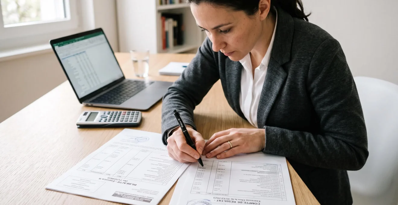 Travailleur indépendant ou expert-comptable consultant des bilans comptables certifiés et liasses fiscales étalés sur un bureau contemporain, avec calculatrice et ordinateur portable en arrière-plan, lumière naturelle douce