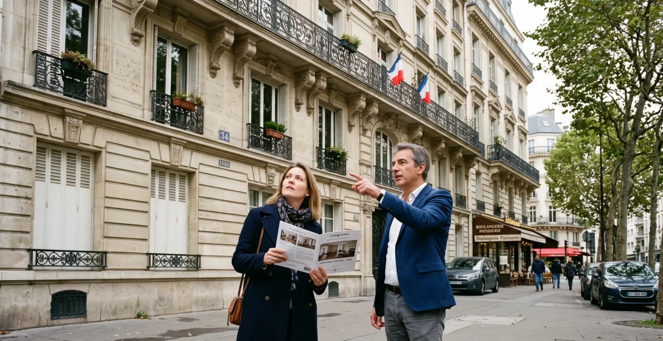 Un acheteur et un agent immobilier observent la façade d'un immeuble d'habitation depuis une rue française.
