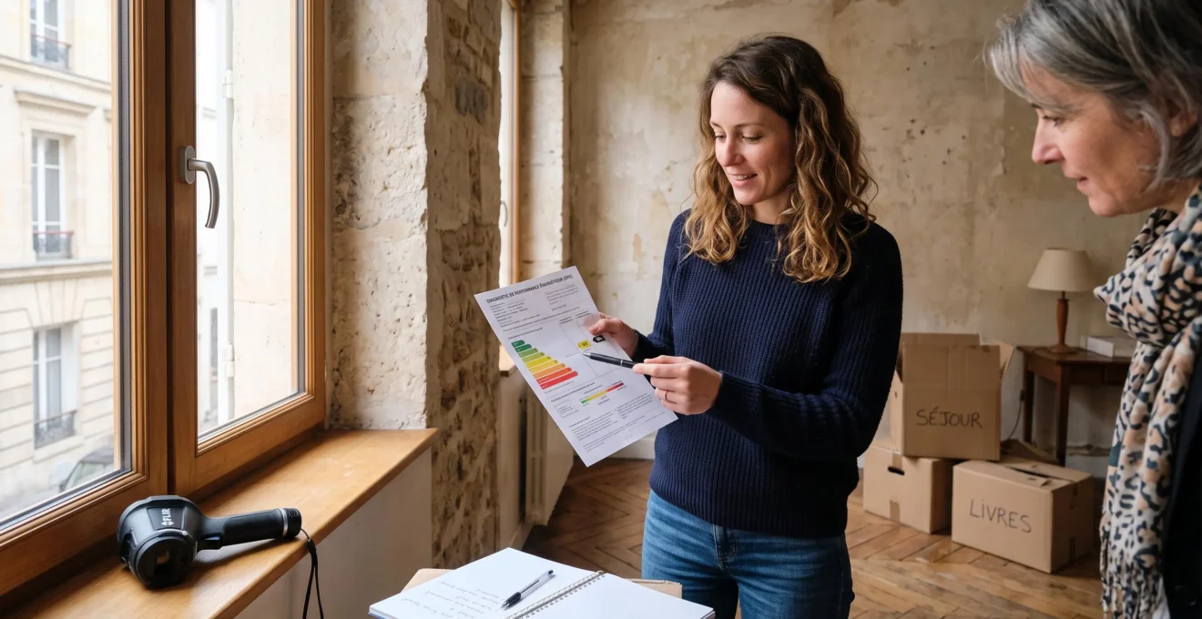 Un acheteur examine un rapport de diagnostic de performance énergétique avec un stylo à la main dans un appartement en cours de visite.