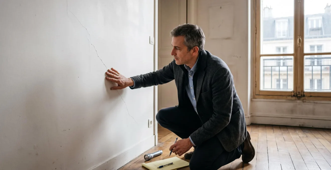 Un acheteur examine une fissure sur un mur d'un appartement vide lors d'une visite immobilière.