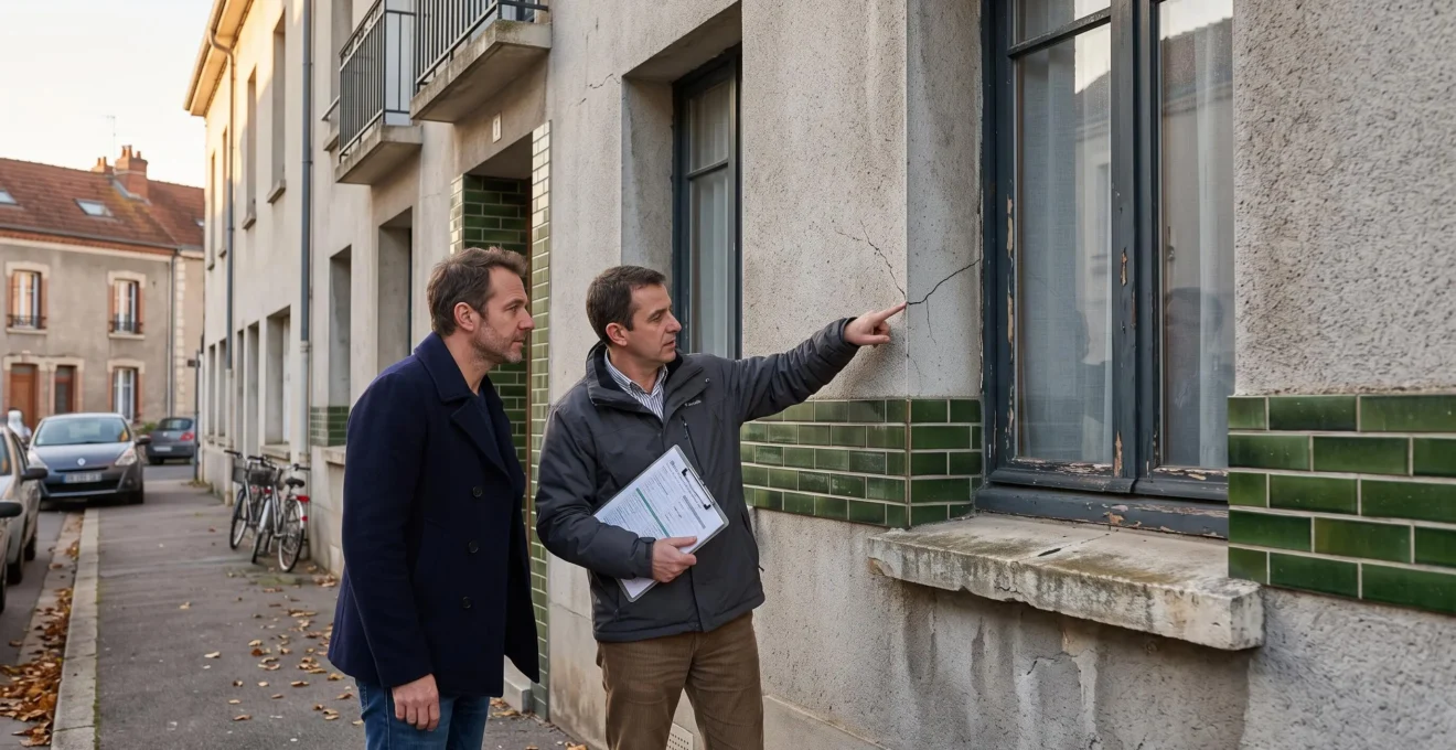 Un inspecteur montre une fissure sur la façade d'un immeuble français à un acheteur muni d'un presse-papiers.