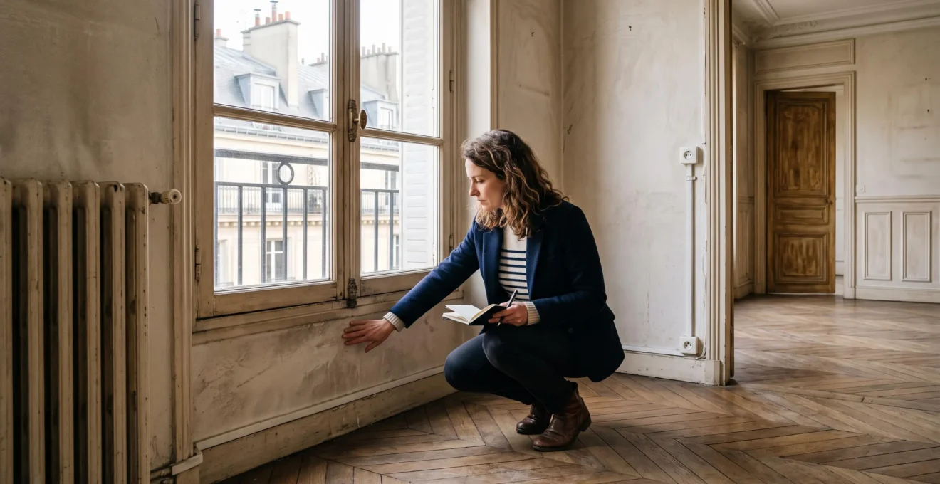 Une acheteuse inspecte le bas d'un mur près d'une fenêtre d'un appartement vide lors d'une seconde visite.
