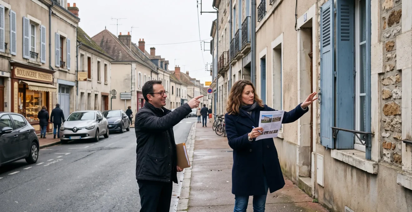 Une acheteuse compare une annonce immobilière imprimée avec la façade d'un immeuble lors d'une visite de quartier accompagnée d'un agent.