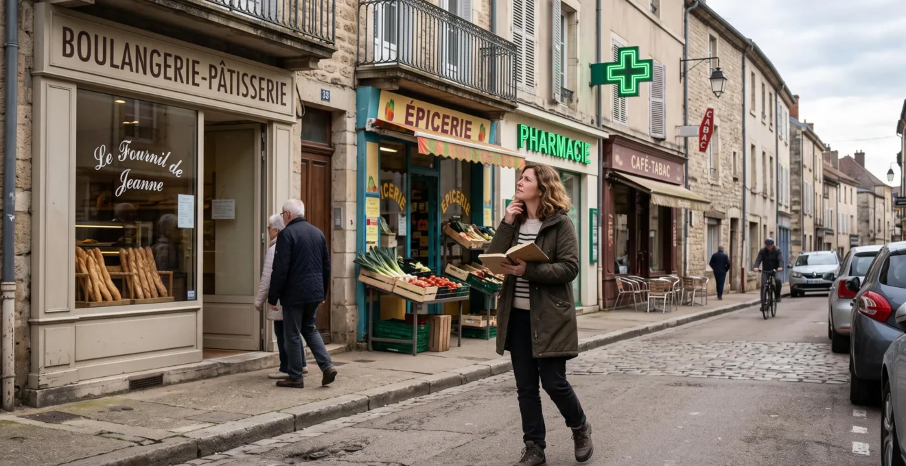 Une acheteuse potentielle observe une rue commerçante d'un quartier français avec ses commerces de proximité