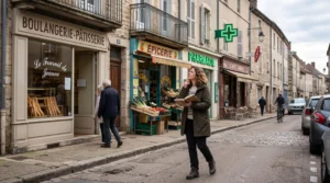 Une acheteuse potentielle observe une rue commerçante d'un quartier français avec ses commerces de proximité