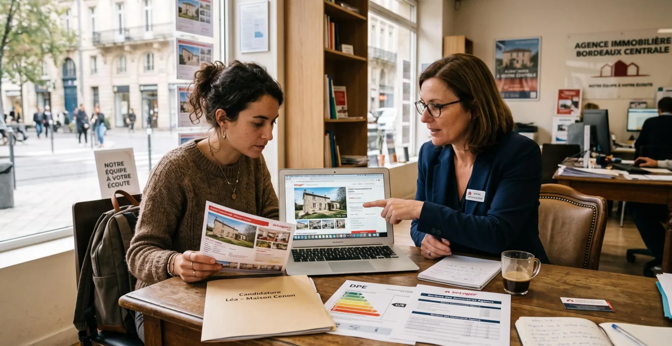 Une acheteuse vérifie avec un agent immobilier les informations d'une annonce affichée sur un ordinateur portable dans une agence française.
