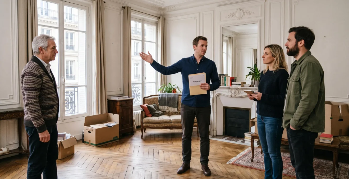 Un agent immobilier fait visiter un appartement à des acheteurs en présence du vendeur, dans un salon lumineux meublé.