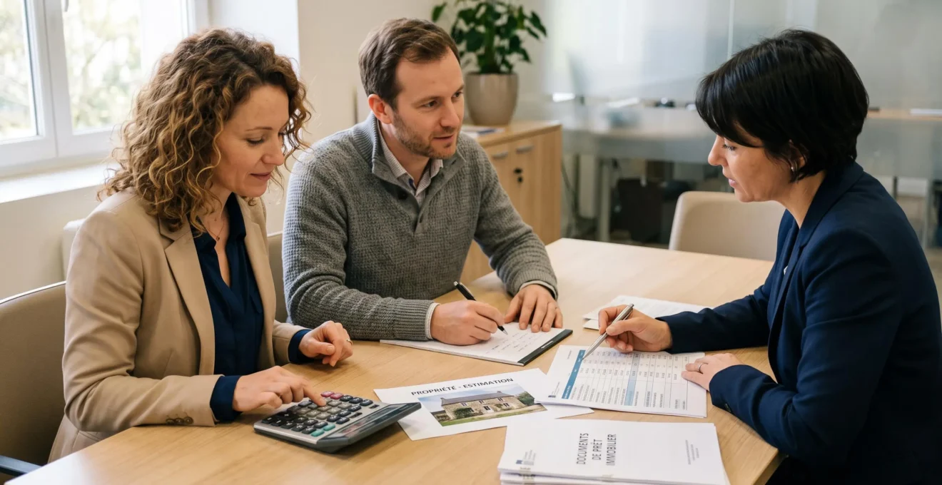 Un conseiller bancaire et un couple calculent le montant total à emprunter pour un achat immobilier autour d'une table avec une calculatrice et des documents.