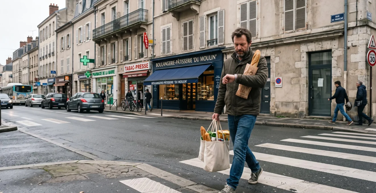 Un homme porte ses courses et une baguette tout en regardant sa montre sur un trottoir de ville française, après avoir traversé un boulevard.