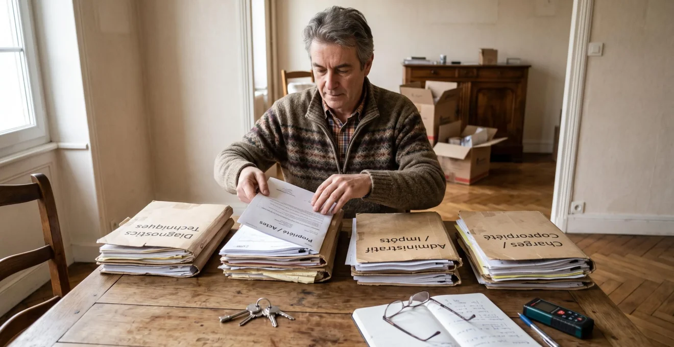 Un vendeur assis à une table en bois trie des dossiers de documents immobiliers pour préparer la vente de sa maison.