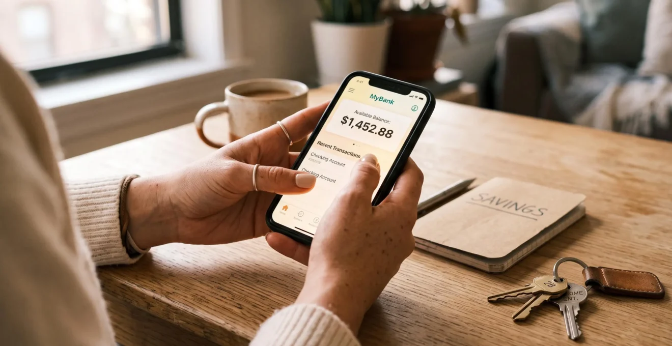 Une femme consulte le solde de son épargne sur une application bancaire à son bureau.