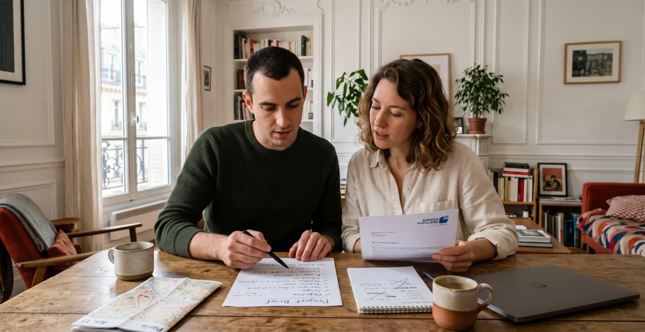 Un couple assis à une table de salle à manger examine une page écrite de critères de projet immobilier et une lettre de financement.