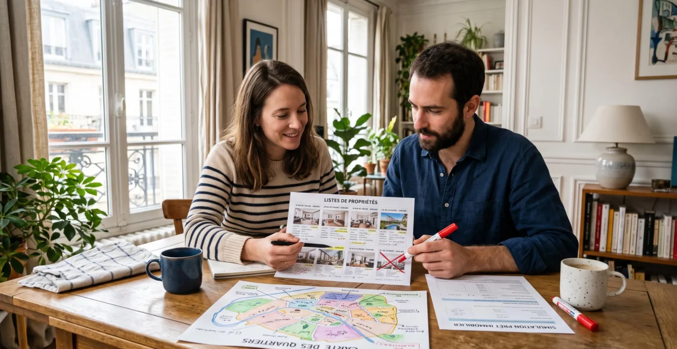 Un couple assis à la table d'un appartement compare des annonces immobilières imprimées et une carte annotée pour cadrer son projet d'achat.