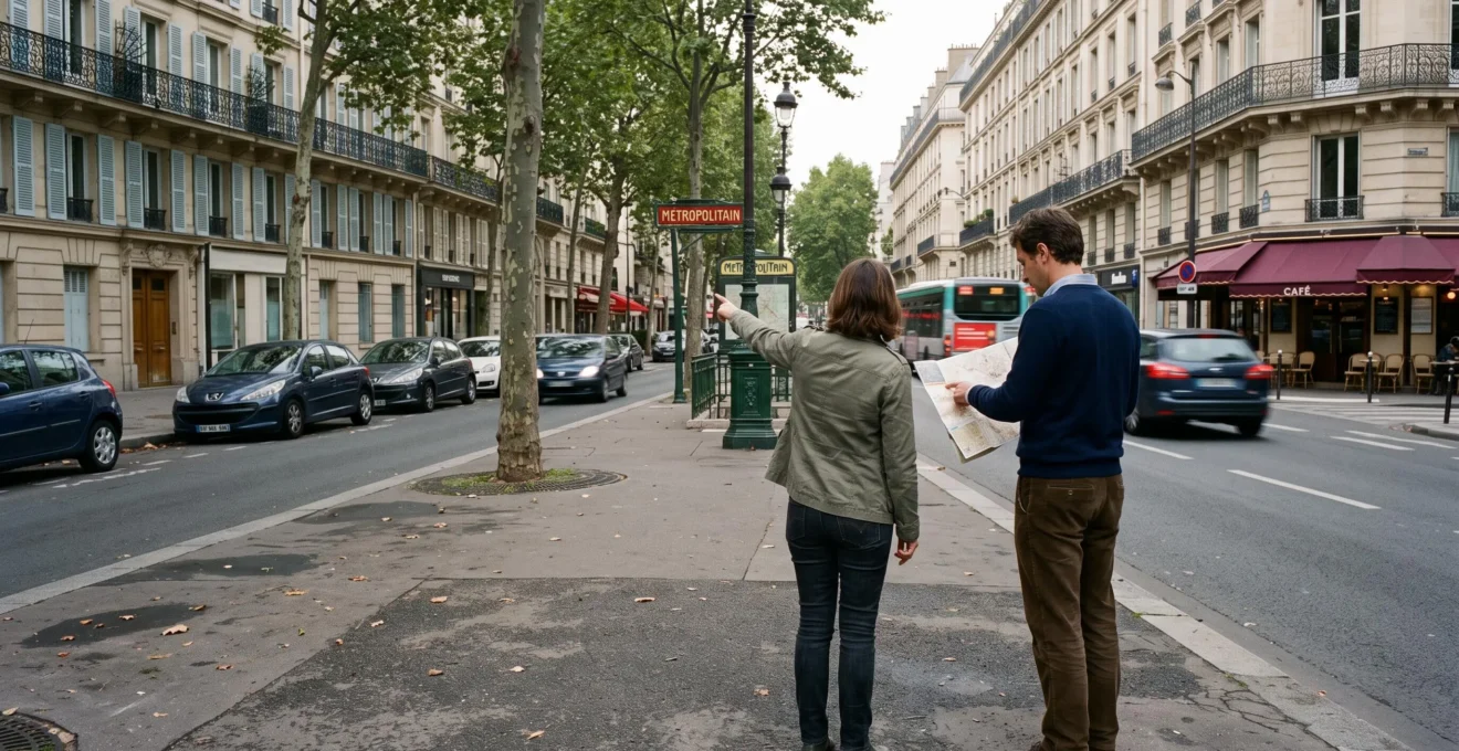 Un couple observe deux rues différentes d'un même quartier français, une carte à la main, pour comparer leur cadre de vie.