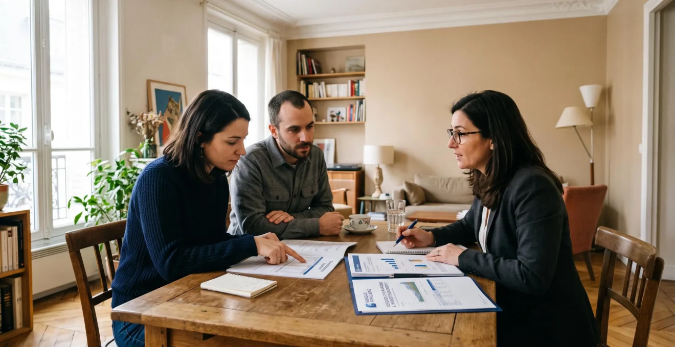 Un couple examine des documents d'épargne avec un conseiller bancaire dans un appartement lumineux.