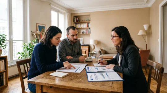 Un couple examine des documents d'épargne avec un conseiller bancaire dans un appartement lumineux.