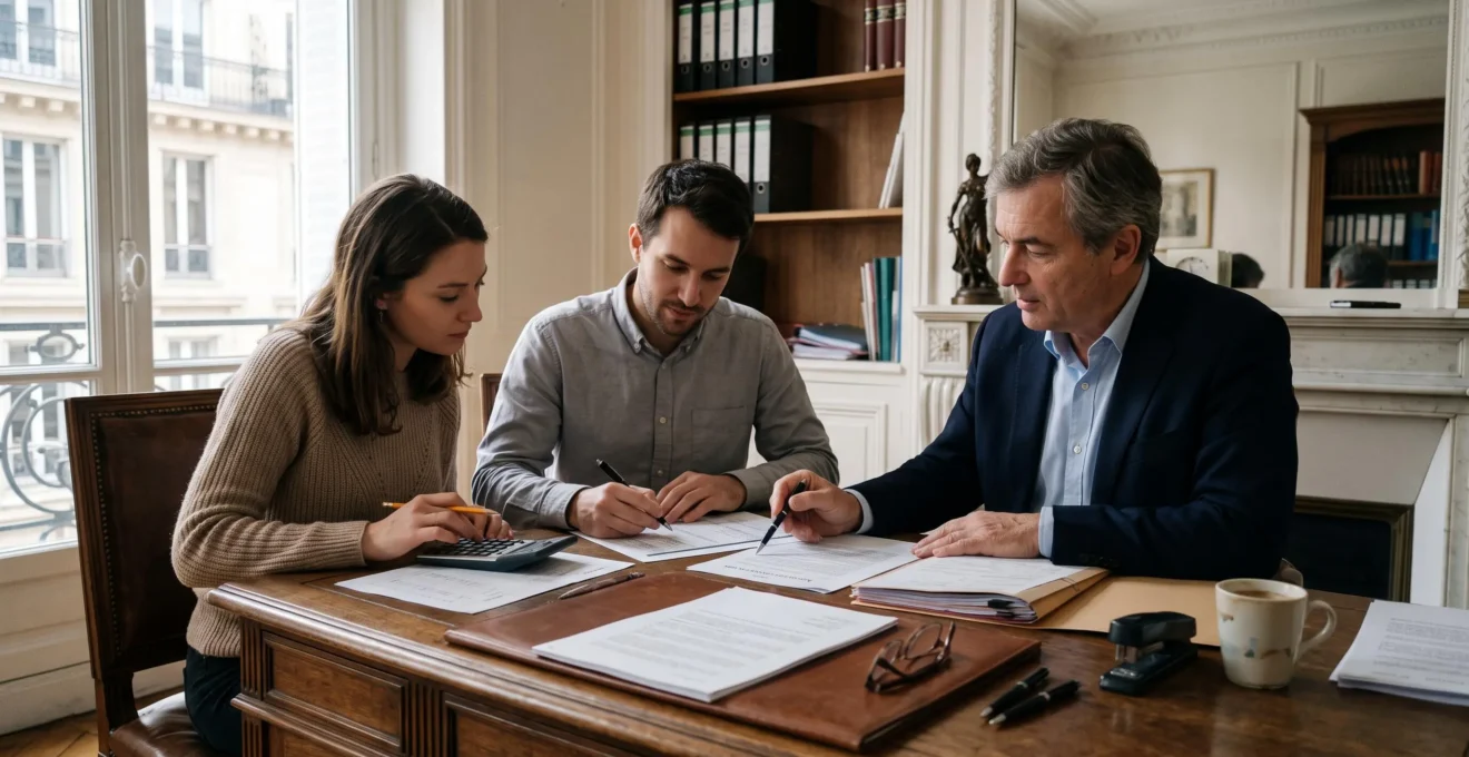 Un couple examine un dossier d'achat immobilier avec un notaire dans son étude, en vérifiant les montants à la calculatrice.