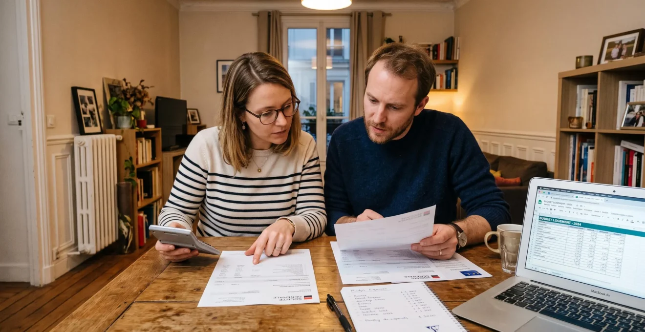 Un couple assis à la table de son salon examine des relevés bancaires et un tableau de budget pour évaluer sa capacité de remboursement.