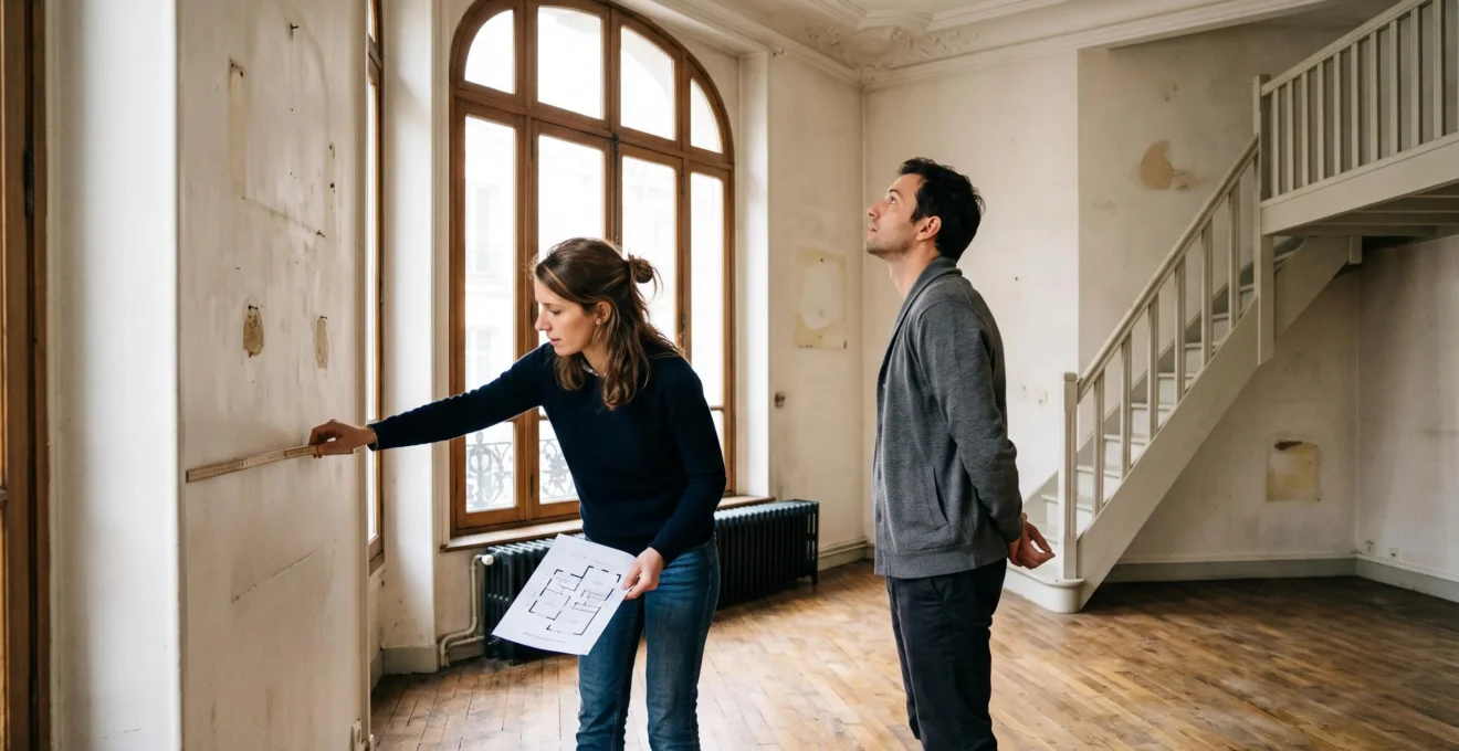 Un couple mesure le mur d'un salon vide avec un mètre pliant lors de la visite d'un appartement en France.