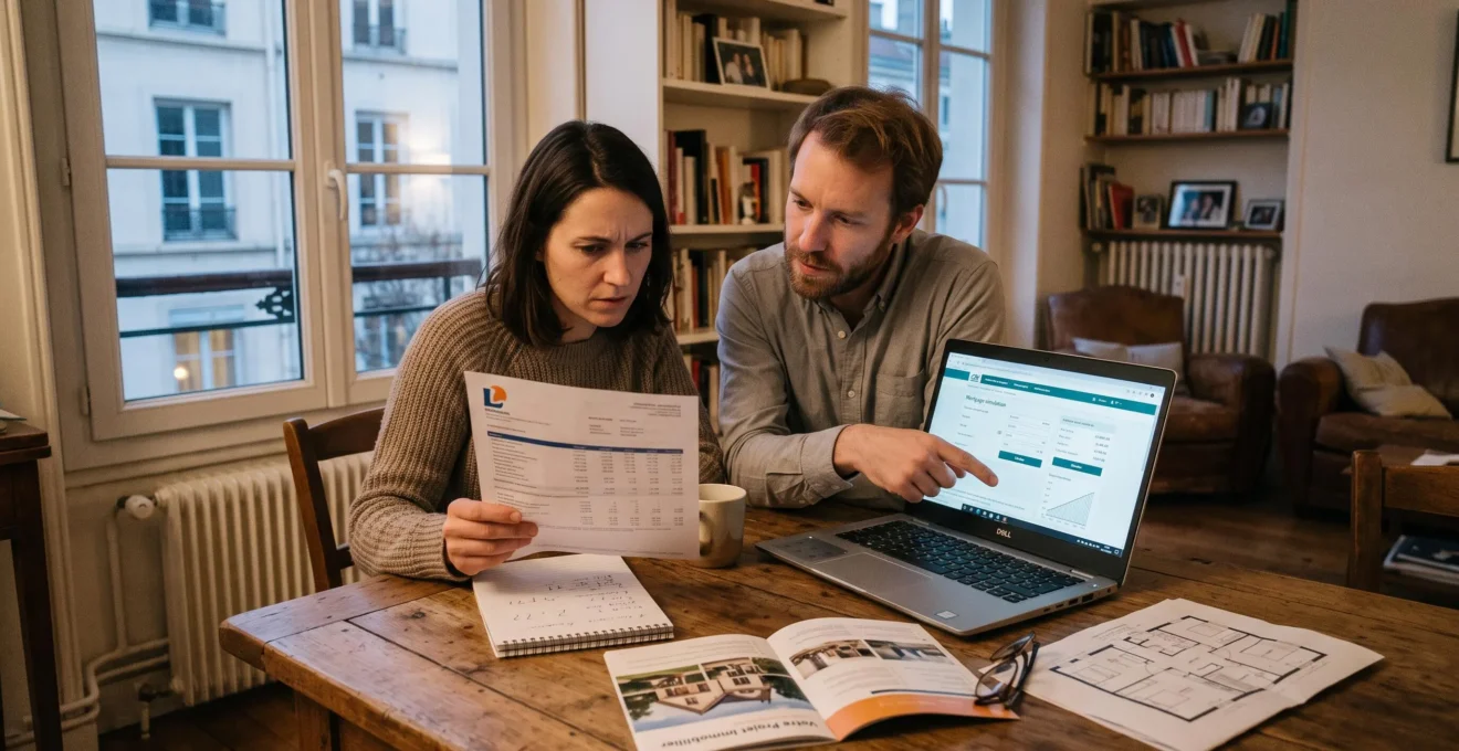 Un couple compare des documents bancaires et une simulation de crédit immobilier sur un ordinateur portable dans leur salon.