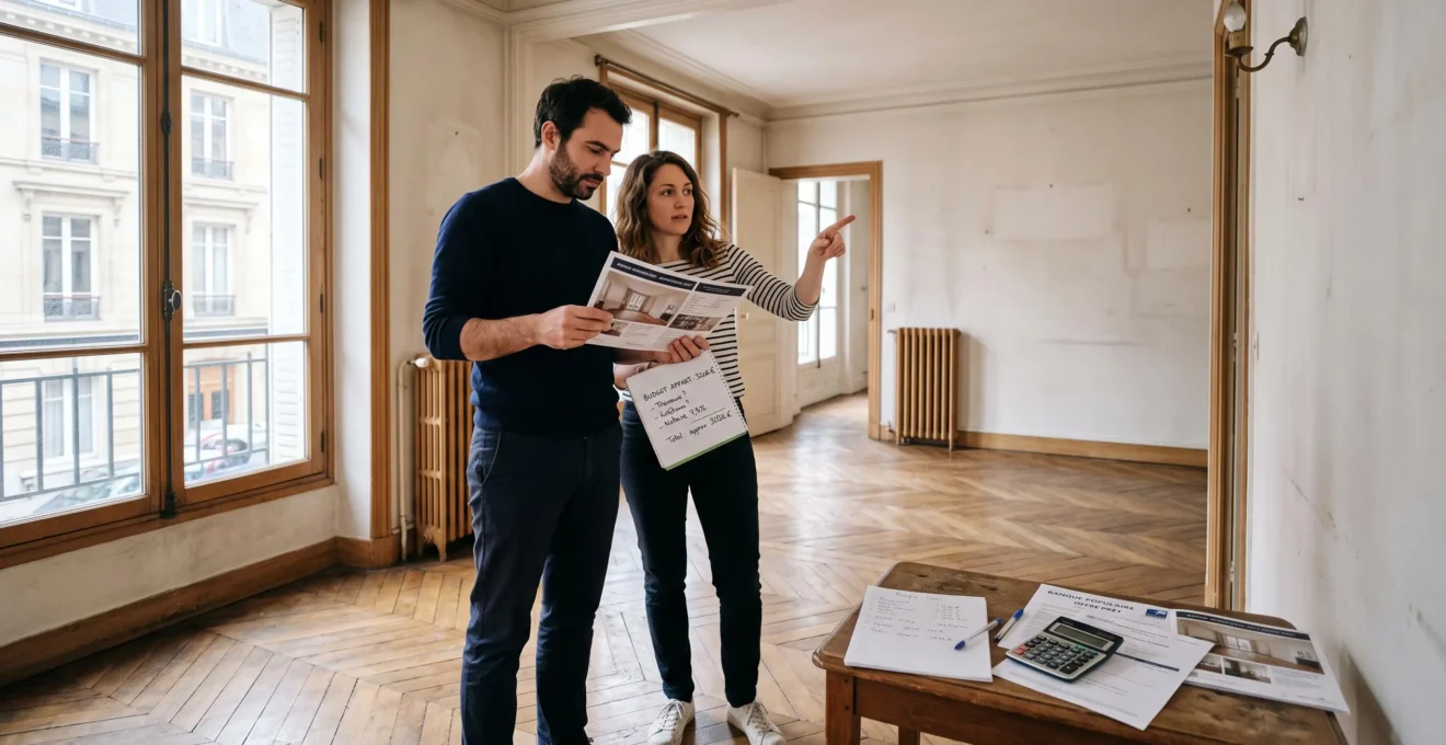 Un couple examine un appartement vide lors d'une visite, avec des documents et une calculatrice posés sur une table.