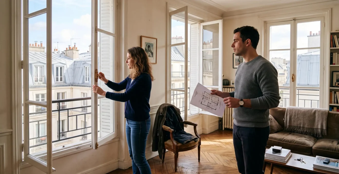 Un couple visite le séjour lumineux d'un appartement et examine l'orientation des fenêtres pendant la visite.