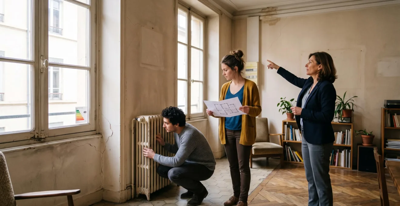 Un couple accompagné d'un agent immobilier examine les murs, le chauffage et l'état général d'un appartement lors d'une visite en France.